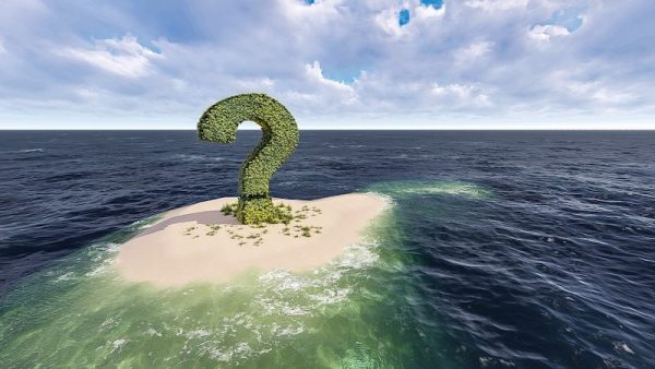 Ein grünblättriges Fragezeichen steht auf einer kleinen Insel im Meer. Gute Fragen und Ordnung.