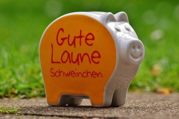 Ein Porzellan-Sparschwein steht vor einer Wiese mit der Aufschrift: Gute Laune Schweinchen. Motivation  beim Aufräumen!