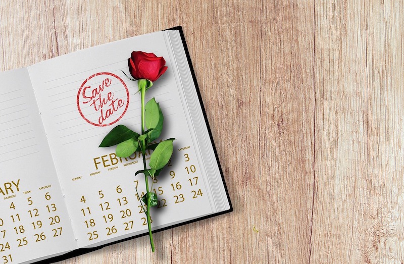 Eine Rose liegt im Terminkalender. Ordentliche Terminplanung.