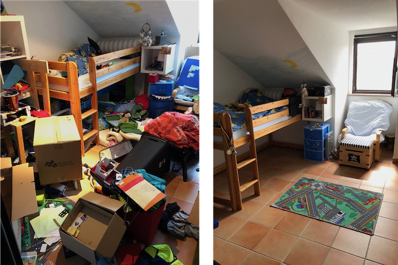 Ein chaotisches Kinderzimmer im Vorher-Nachher-Vergleich. Aufräumen lohnt sich. 