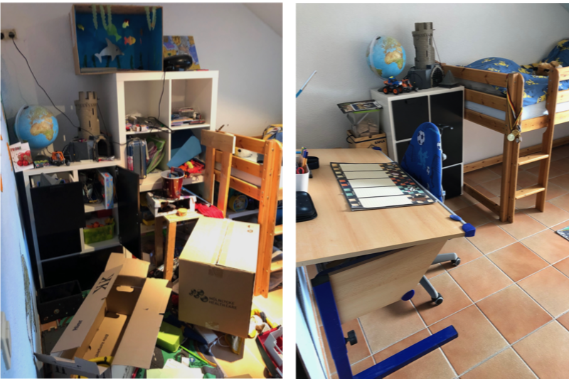Erst Chaos, dann Ordnung im Kinderzimmer. Jetzt ist wieder ein freier Schreibtisch zu erkennen und Kisten und Unordnung sind verschwunden. 